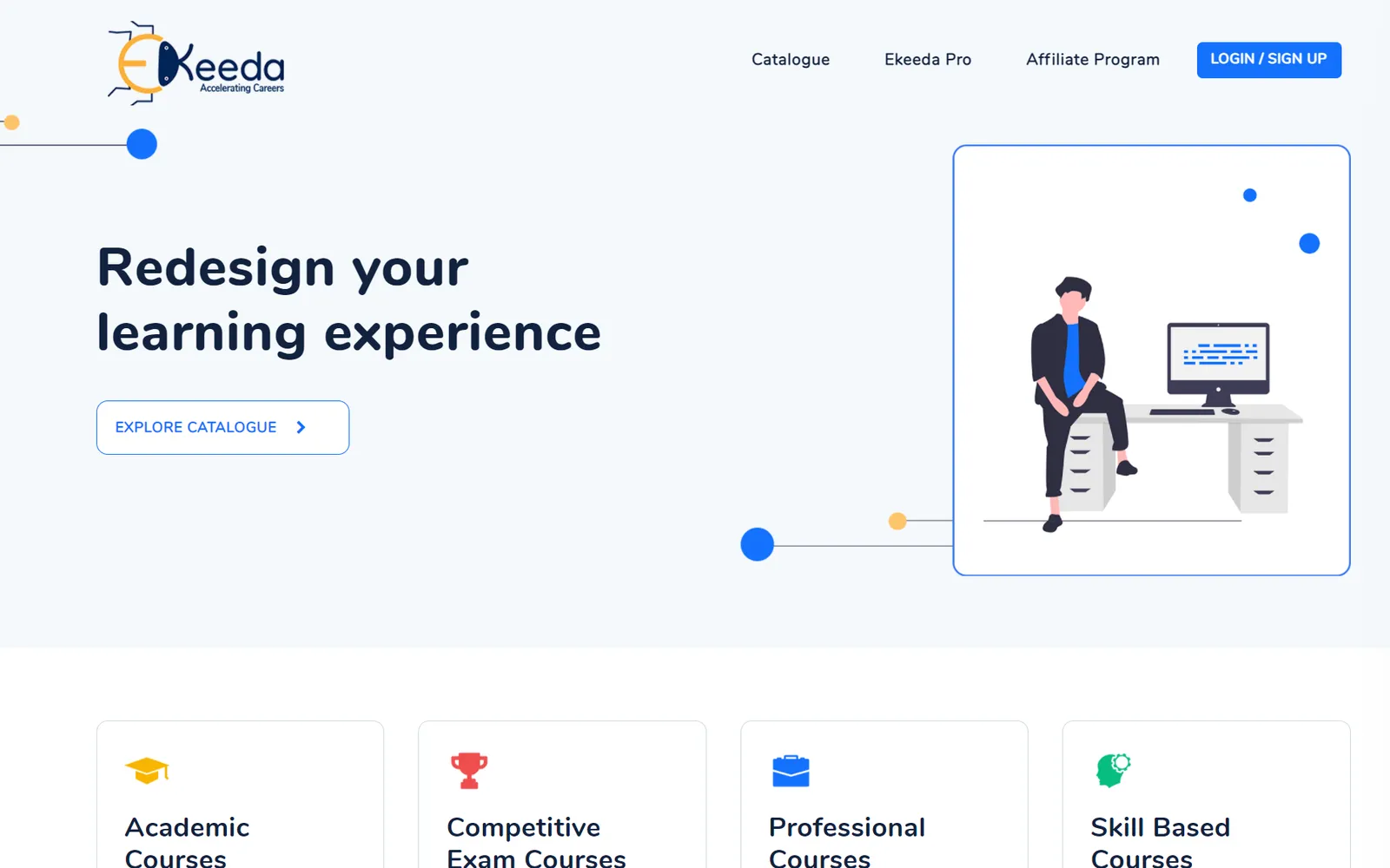 Ekeeda's 2020 homepage, headlined Redesign your learning experience, with the course catalogue one click away