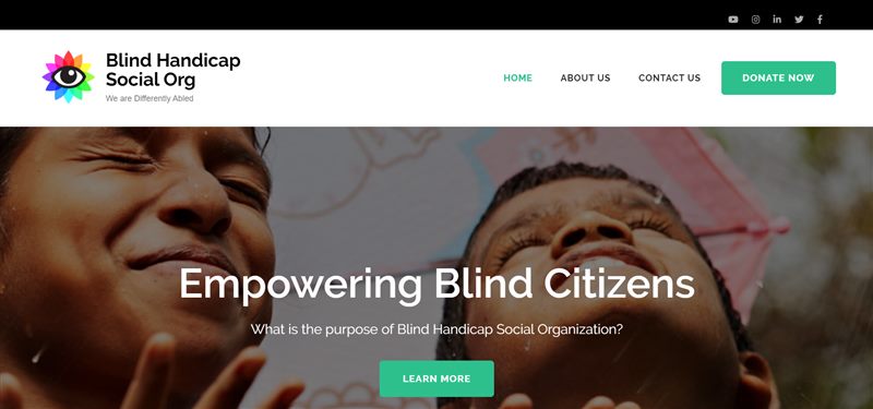 Archived Blind Handicap Social Organisation homepage with mission statement and donation call to action.