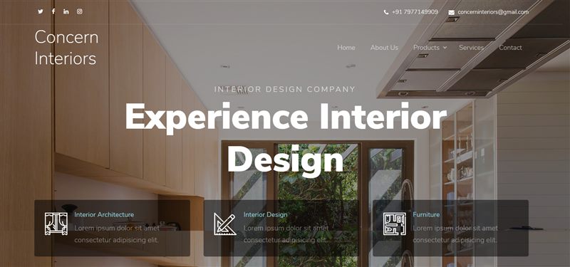 Archived Concern Interiors homepage with hero imagery and service categories.