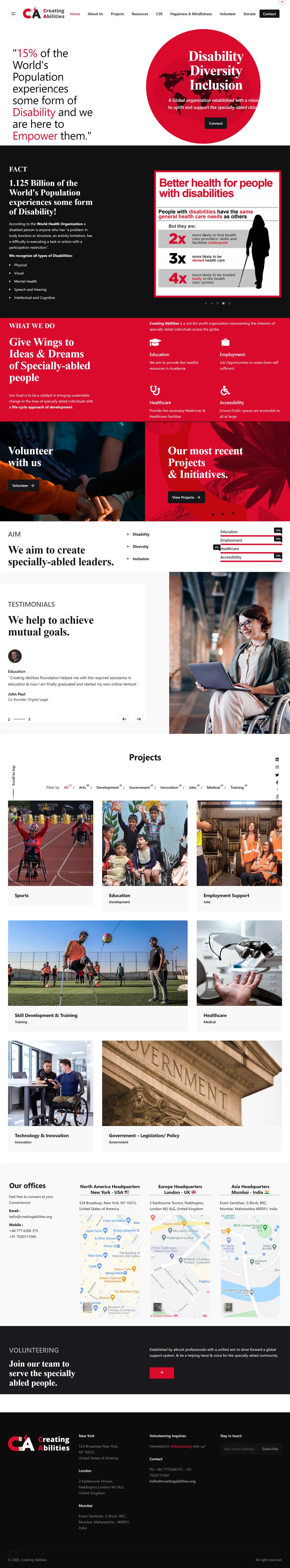 Archived Creating Abilities homepage showing the disability statistic, program areas, recent projects, testimonials and global office information.