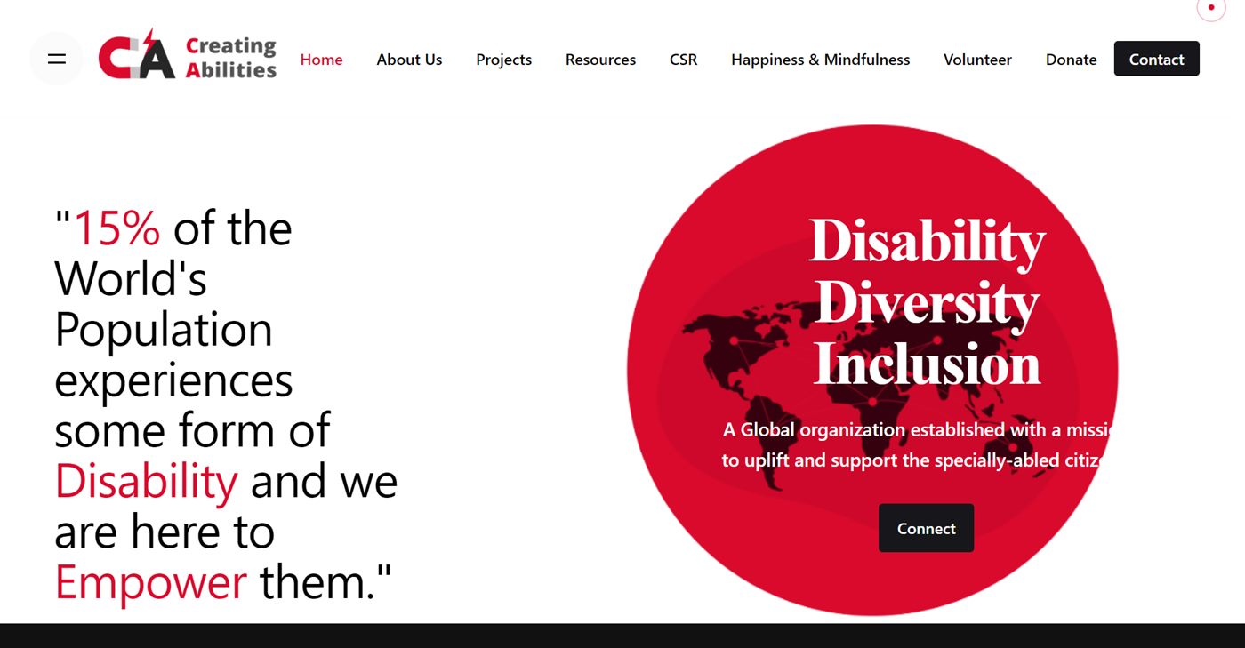 Archived Creating Abilities homepage with disability-inclusion programmes, project gallery and international office information.