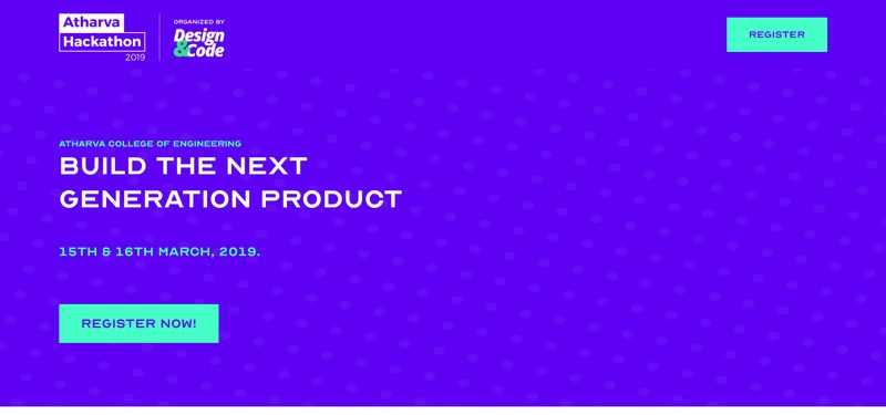 Archived Atharva Hackathon event website announcing the 2019 student product-building programme.