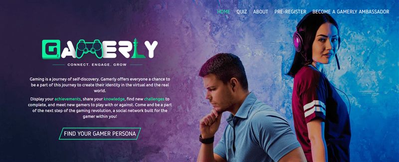 Archived Gamerly homepage for a gaming-community concept centred on identity and connection.