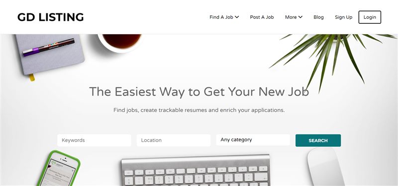 Archived GD Listing homepage with a job search bar and category filters.