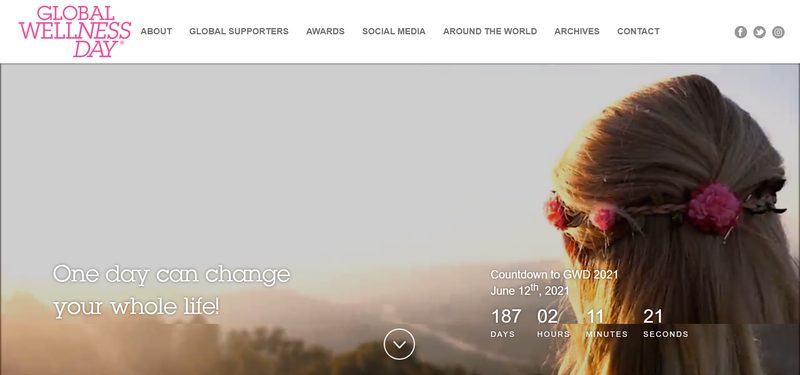 Archived Global Wellness Day homepage showing its global campaign, ambassadors and events.