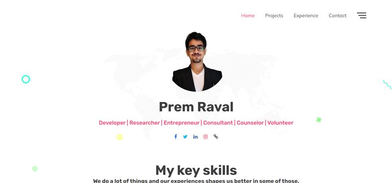 Archived Prem Raval personal portfolio homepage with skills and project sections.