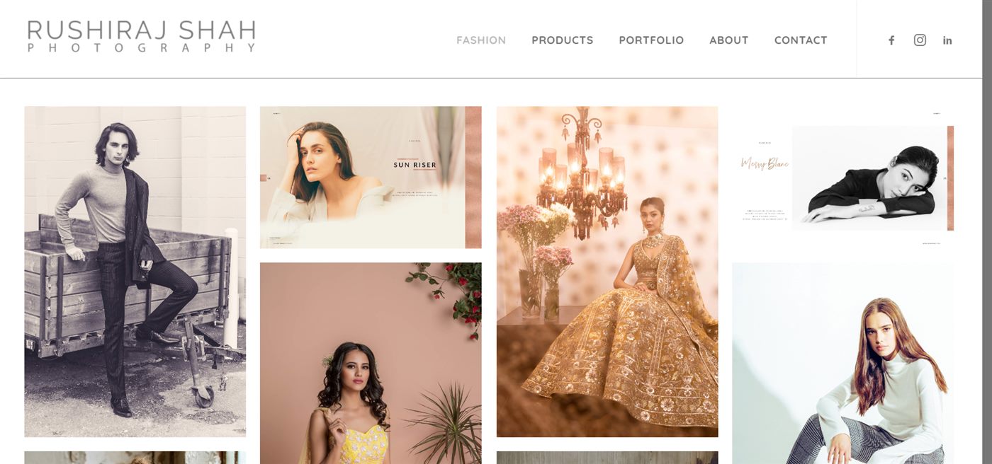 Archived Rushiraj Shah Photography portfolio displaying a masonry grid of fashion portraits.